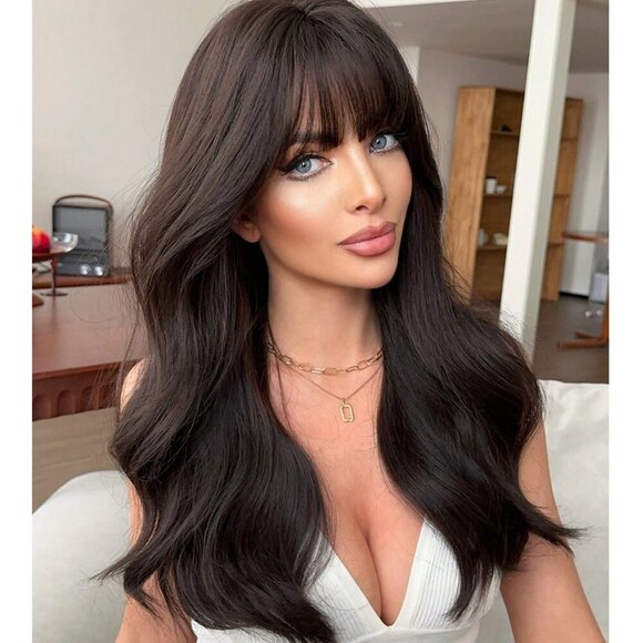 Medium lenght Wig Brown Loose Wavy Wig With Bangs | Ultra Natural Look | - Picture 2 of 15